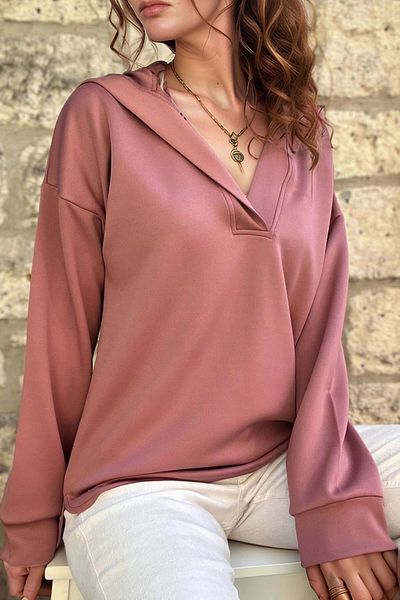 bacc Women's Dusty Rose V-Neck Hooded Long Back Scuba Loose Sweatshirt Bcbsk-25700-3506