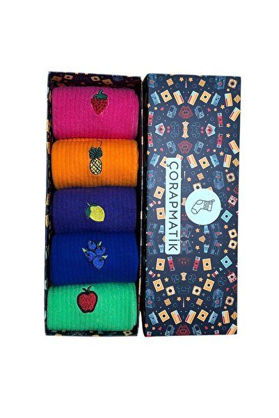 çorapmatik 5'li Özel Tasarım Kutulu %100 Pamuklu Renkli Meyve Desenli Nakışlı...