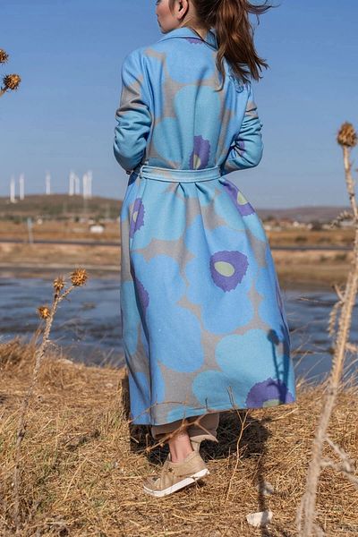 bacc Blue Stamp Lined Digital Printed Belted Long Coat Bcbsk-25700-3491