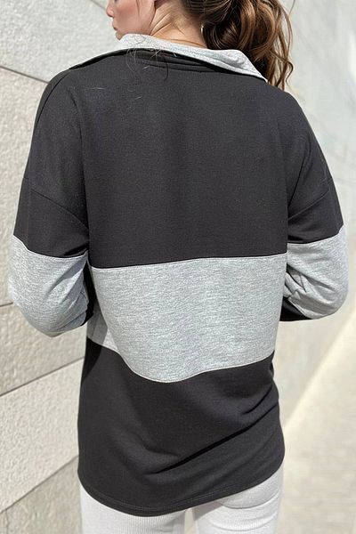 bacc Women's Black Zippered Color Block Polo Collar Loose Sweatshirt Bcbsk-25700-3471