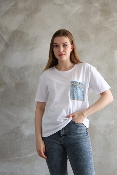 Denivy Tricou Basic cu Detaliu Brodat pentru Buzunar DNV-000101