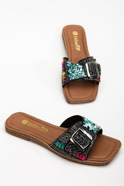 Dilimler Ayakkabı Women's Flat Heeled Slippers Black Buckle Stone Tekband