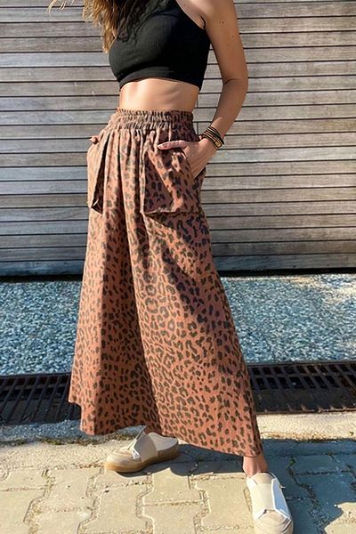 bacc Leopard Self Patterned Gabardine Double Pocket Elastic Waist Long Skirt Bcbsk-25700-3553