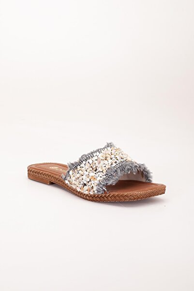 Dilimler Ayakkabı Жіночі туфлі на плоскій підошві з товстою підошвою, сірі з камінцями та бахромою