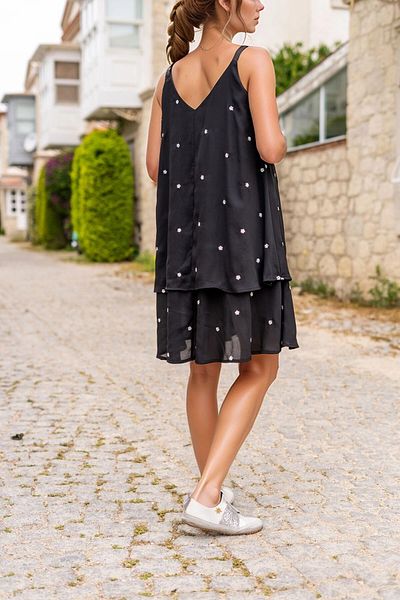 bacc Black Chiffon Leather Strap Flower Embroidery Double Layer A-Line Kiloş Dress Bcbsk-25700-3420