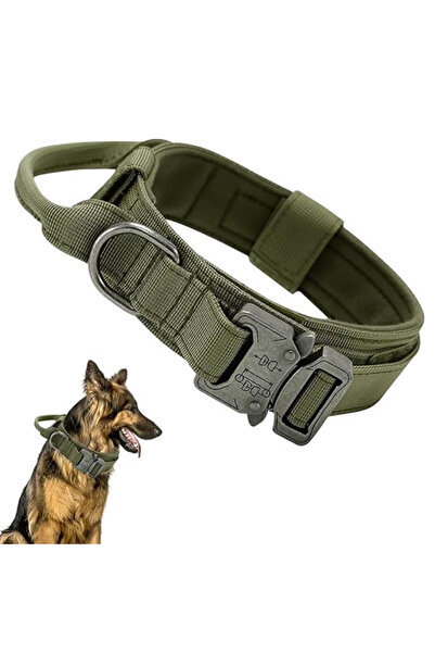 REDz Accessories Army Dog Collar, Control Handle, Size L, Hedgehog and Buckle Closure, Textile, Khaki