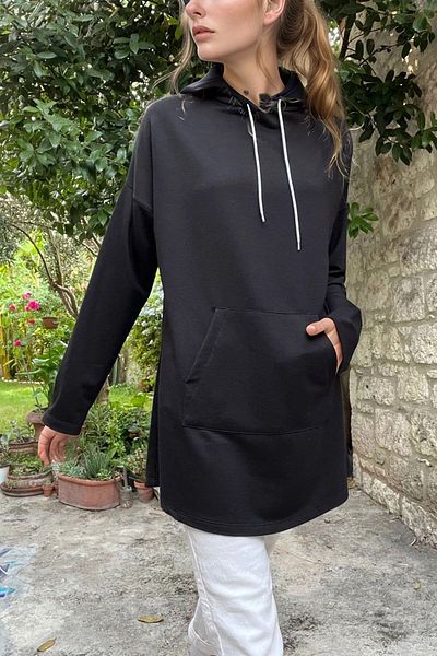 bacc Women's Black Hooded Kangaroo Pocket Long Loose Sweatshirt Bcbsk-25700-3476