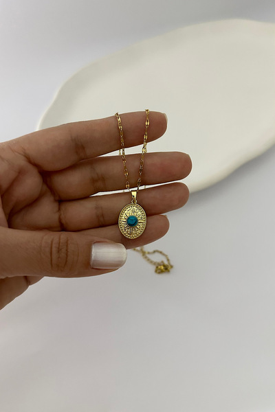 DELEIZA ACCESSORY Çelik Gold Vintage Oval Mavi Taşlı Kolye