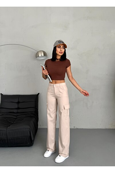 MevaMoss Stone Cargo Pocket Lycra High Waist Wide Leg Trousers