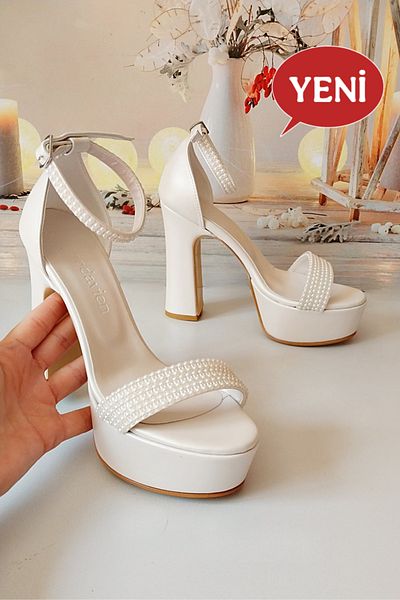 Modavien Women's 13 cm Platform Ecru Ankle Pearl Bridal Shoes