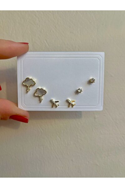 Bijou Luz Gold Bulut ve Uçak Figürlü Sedefli Mini Altılı Küpe Seti