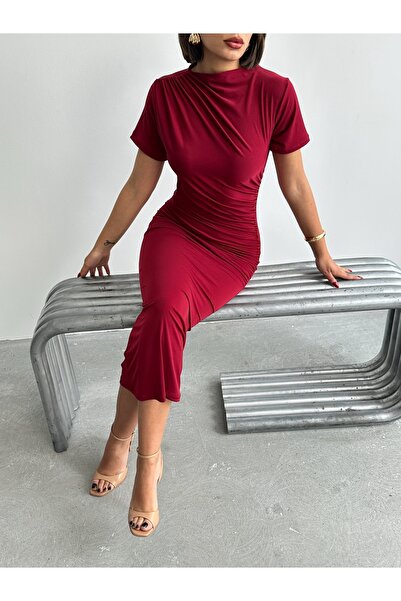 BEJNA Sukienka damska w kratę z krótkim rękawem w kolorze bordowym