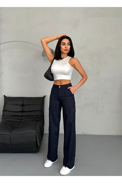 MevaMoss Navy Blue Cargo Pocket Lycra High Waist Wide Leg Trousers