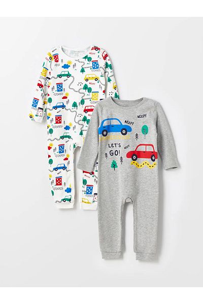 LC Waikiki Lcw Baby Ecru Crew Neck Printed Baby Boy Romper 2 Pcs