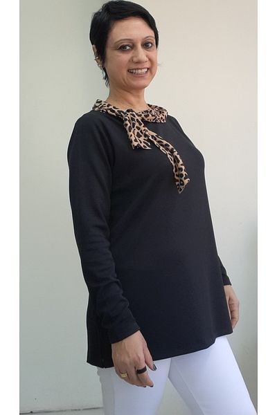 Mertcan Butik Black Long-Sleeved Leopard Collar Garnished Bow Look Boat Neck Combed Viscose T-Shirt