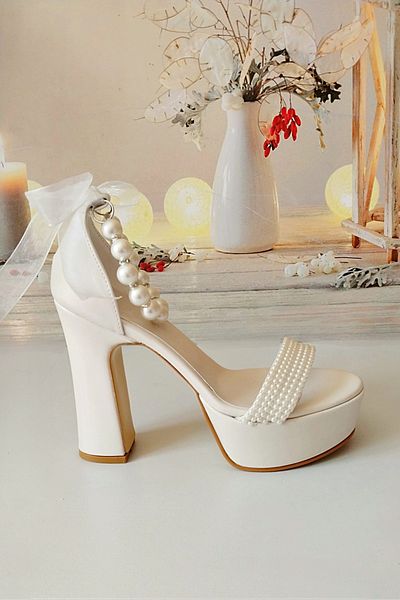 Modavien Women's 13 cm Platform Ecru Ankle Pearl Bridal Shoes