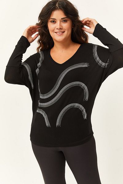 Ebsumu Women's Plus Size Silver Stone Printed Bat Sleeve Black Blouse
