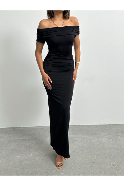BEJNA Women's Black Madonna Collar Long Dress