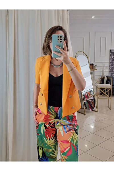 pudubutik Slim Fit Double Breasted Collar Short Sleeve Jacket Orange