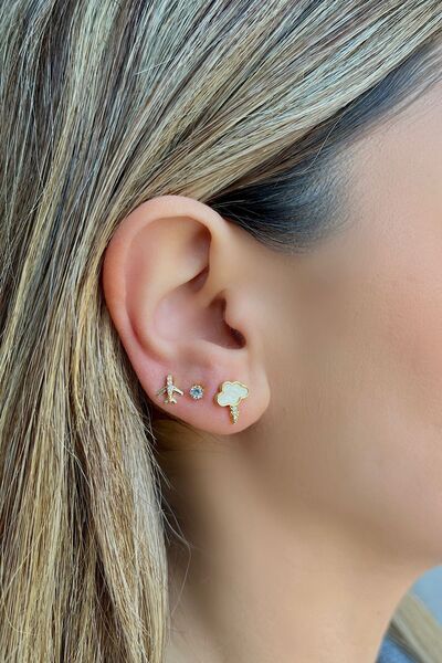 Bijou Luz Gold Bulut ve Uçak Figürlü Sedefli Mini Altılı Küpe Seti