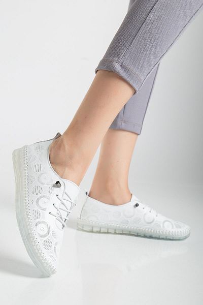 Dilimler Ayakkabı Pantofi casual de damă din piele naturală, alb, imprimat cu laser, elastic, cu șireturi, talpă cu gel