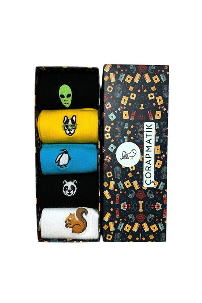 çorapmatik 5'li Özel Tasarım Kutulu %100 Pamuklu Renkli Hayvan Desenli Nakışl...