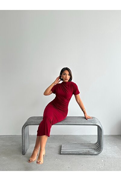 BEJNA Sukienka damska w kratę z krótkim rękawem w kolorze bordowym