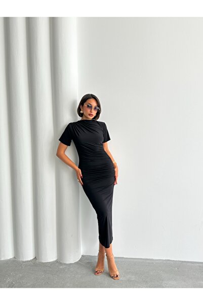 BEJNA Women's Black Short Sleeve Draped Dress