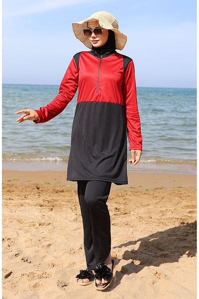 sefamerve Μαγιό Hijab με φερμουάρ 2508-05 Κόκκινο Μαύρο