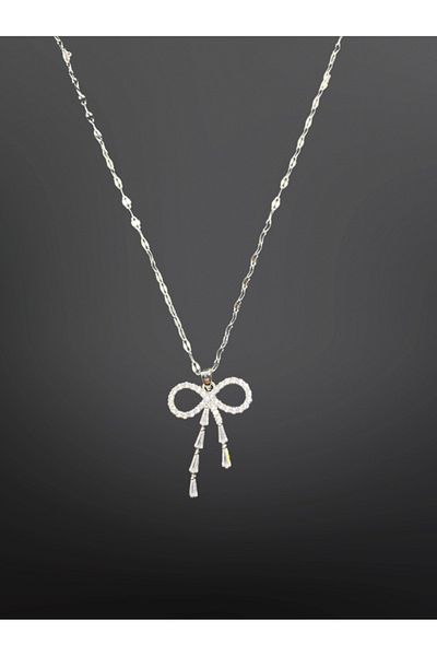 FM Zircon Stone Bow Model 316L Antiallergic Silver Color Steel Necklace