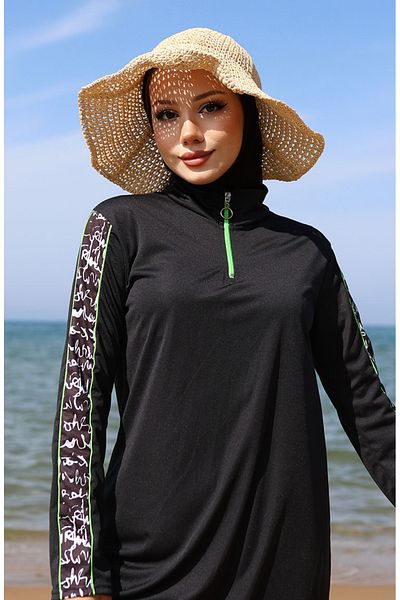 sefamerve Μαγιό Hijab με φερμουάρ 2503-01 Μαύρο Πράσινο