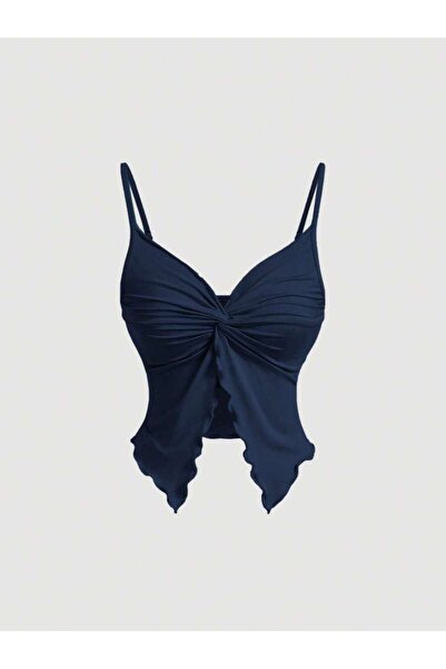 poswicon Navy Blue Front Twist Thin Strap Alaçatı Crop