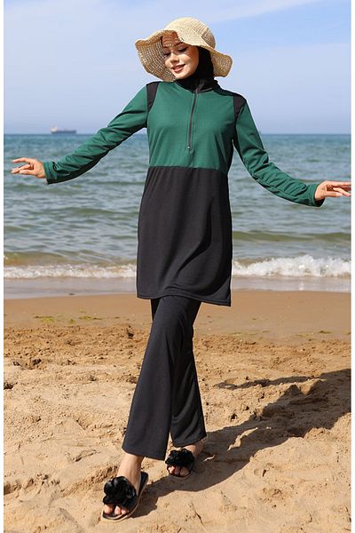 sefamerve Μαγιό Hijab με φερμουάρ 2508-01 Σκούρο Πράσινο Μαύρο