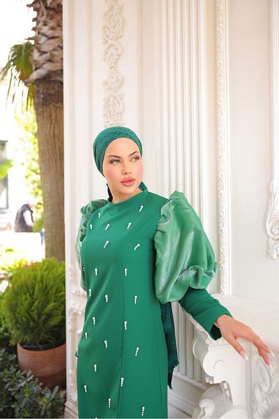 İSM BUTİK Balloon Sleeve Dress with Pearls on the Front