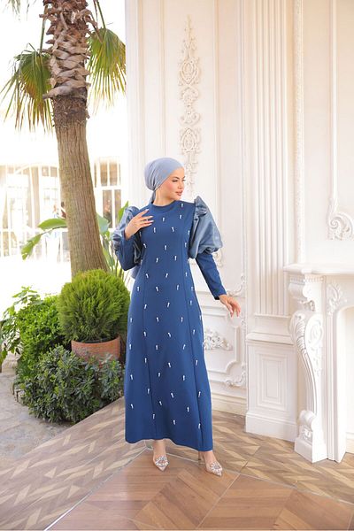 İSM BUTİK Balloon Sleeve Dress with Pearls on the Front