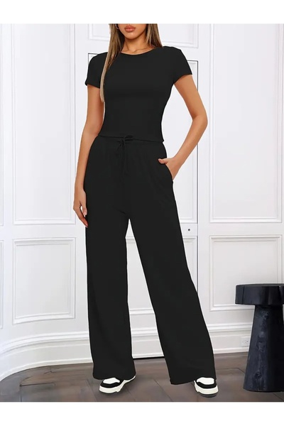 yx yustex sport Pantaloni de trening negri, largi, cu croială lejeră, din mat...