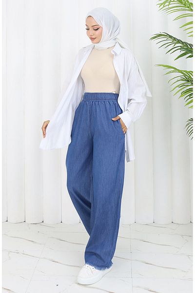 sefamerve Pantaloni din denim cu talie elastică 5827-02 Albastru