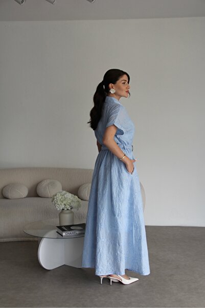 Julidress Mavi Ayrı Astarlı Kemerli Uzun Fisto Elbise