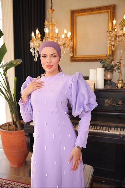 İSM BUTİK Balloon Sleeve Dress with Pearls on the Front