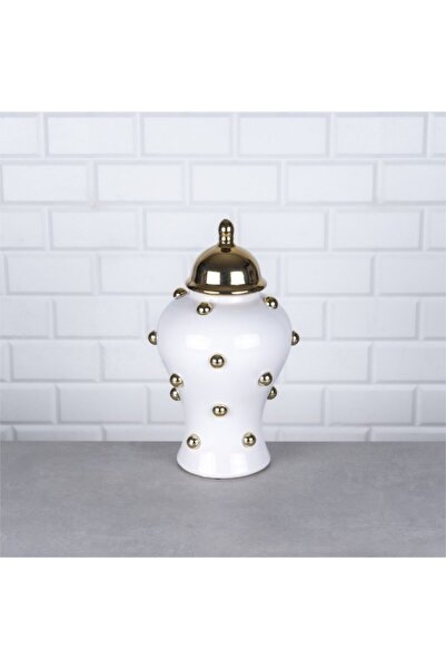 Hinora Gold Beyaz Boncuklu Küçük Boy Porselen Küp Dekoratif Süs 17x17x31cm TE...