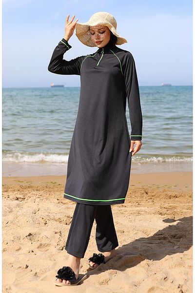 sefamerve Μαγιό Hijab με φερμουάρ 2504-01 Μαύρο Πράσινο