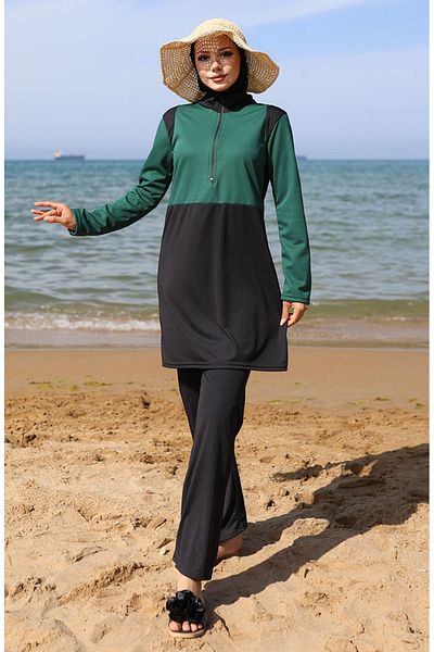 sefamerve Μαγιό Hijab με φερμουάρ 2508-01 Σκούρο Πράσινο Μαύρο