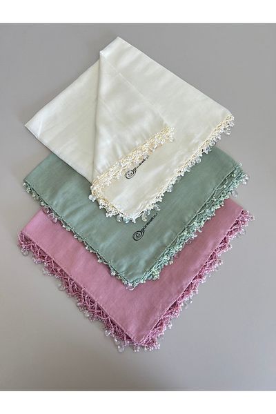 GÜNBATILI 3Pcs Handcrafted Hand Embroidered Solid Color Scarf Beaded Writing Yemenite Dowry Gift 100X100Cm