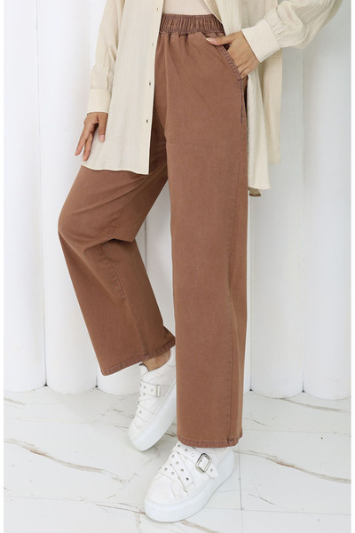 sefamerve Beli Lastikli Kot Pantolon 9633-10 Koyu Kahverengi