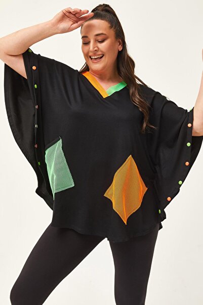 Ebsumu Bluză neagră cu buzunare din plasă, mărime mare, foarte confortabilă, ...