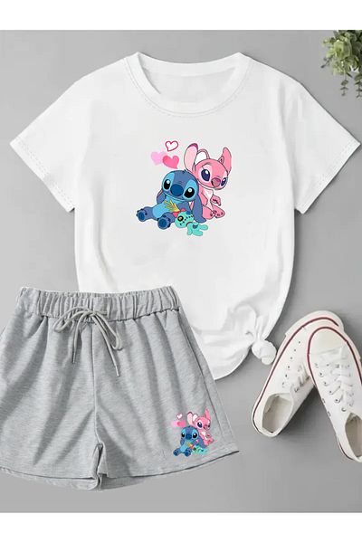 makiteks Set de 2 pantaloni scurți și tricou pentru femei de culoare uni Lilo Stitch