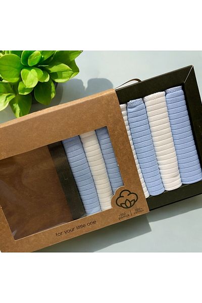 BYS TİCARET 100% Organic Cotton Baby Boy Mouth Wipes Boxed Set of 7 Blue White