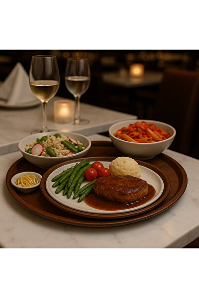 Veliday Ahşap Desenli Kaymaz Kaydırmaz Yuvarlak Tepsi 33 cm Cafe Restaurant K...