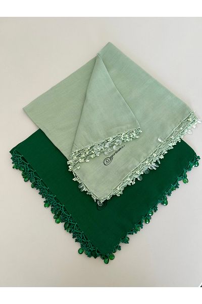 GÜNBATILI 2 Pieces Handcrafted Hand Embroidered Solid Color Scarf Beaded Writing Yemeni Dowry Gift 100X100Cm