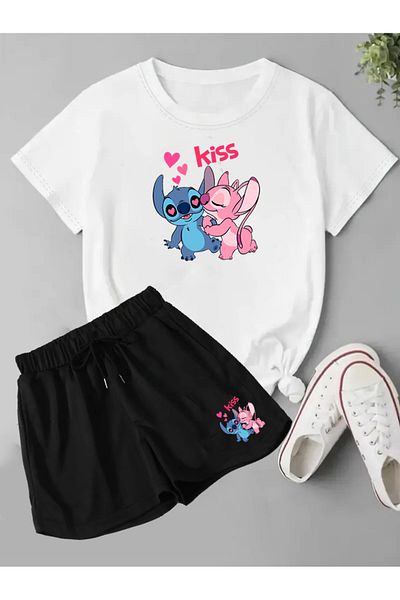 makiteks Set de 2 pantaloni scurți și tricou obișnuiți pentru femei de culoare uni Lilo Stitch Kiss